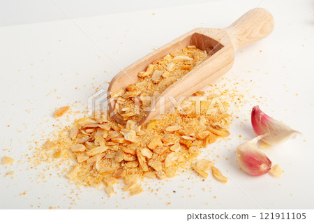Dry Garlic Slices, Crispy Fried Cloves Pile Closeup, Roasted Grilled Garlic Flakes, Clove Chip Group 121911105