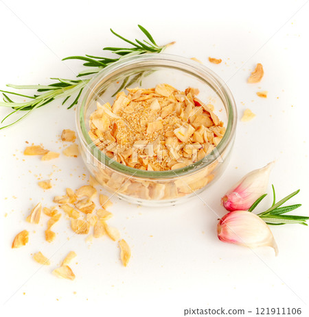 Dry Garlic Slices, Crispy Fried Cloves Pile Closeup, Roasted Grilled Garlic Flakes, Clove Chip Group 121911106