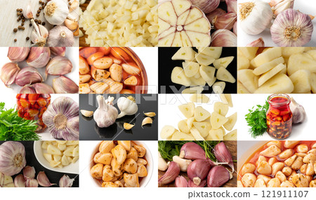 Garlic Collage, Raw Peeled, Pickled Cloves Pattern, Roasted Grilled Garlic Mockup, Fried Clove 121911107