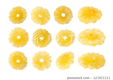 Dry Pineapple Rings Isolated, Candy Pineapples, Dehydrated Yellow Sugar Fruit, Candied Fruits Circles 121911111