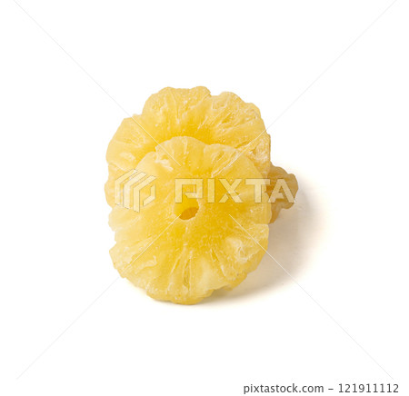 Dry Pineapple Rings Isolated, Candy Pineapples, Dehydrated Yellow Sugar Fruit, Candied Fruits Circles 121911112