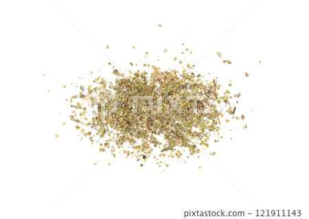 Dry thyme isolated, dried marjoram, oregano pile, ground crushed thyme seasoning, thyme leaves 121911143
