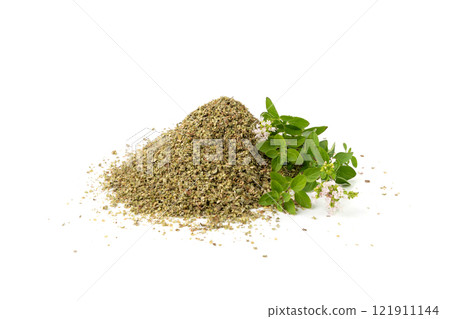 Dry thyme isolated, dried marjoram, oregano pile, ground crushed thyme seasoning, thyme leaves 121911144