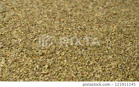 Dry thyme texture, dried marjoram pattern, oregano pile background, ground crushed thyme seasoning mockup 121911145