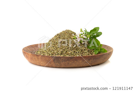 Dry thyme isolated, dried marjoram, oregano pile, ground crushed thyme seasoning, thyme leaves 121911147