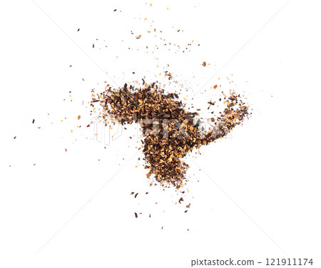 Dry black tea with hibiscus, fruits isolated. Raspberry seeds red tea, karkade flower leaves Dry black tea with hibiscus, fruits isolated. Raspberry seeds red tea, karkade flower leaves 121911174