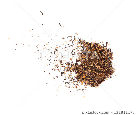 Dry black tea with hibiscus, fruits isolated. Raspberry seeds red tea, karkade flower leaves Dry black tea with hibiscus, fruits isolated. Raspberry seeds red tea, karkade flower leaves 121911175