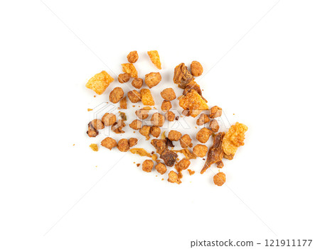 Dried vegetables mix with carrots, onion, parsnip and soy meat isolated. Dry food pieces for instant noodles Dried vegetables mix with carrots, onion, parsnip and soy meat isolated. Dry food pieces for instant noodles 121911177