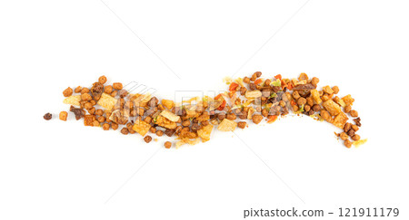 Dried vegetables mix with carrots, onion, parsnip and soy meat isolated. Dry food pieces for instant noodles Dried vegetables mix with carrots, onion, parsnip and soy meat isolated. Dry food pieces for instant noodles 121911179
