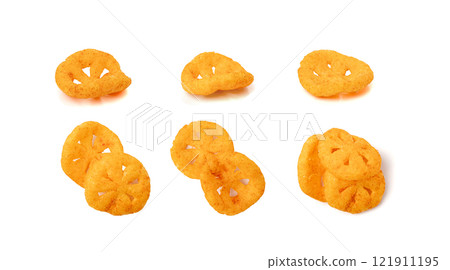 Corn puff snack isolated, crunchy cereal nosh, crispy yellow rice breakfast with paprika Corn puff snack isolated, crunchy cereal nosh, crispy yellow rice breakfast with paprika 121911195
