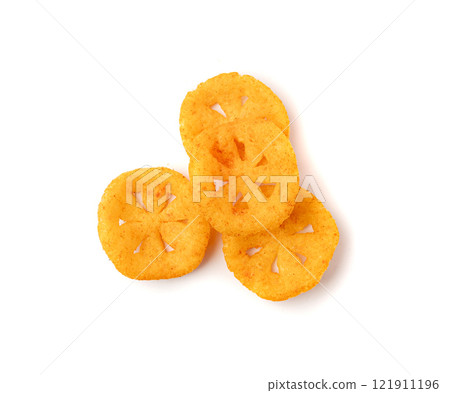 Corn puff snack isolated, crunchy cereal nosh, crispy yellow rice breakfast with paprika Corn puff snack isolated, crunchy cereal nosh, crispy yellow rice breakfast with paprika 121911196