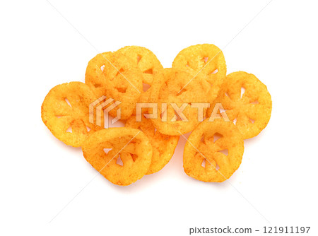 Corn puff snack isolated, crunchy cereal nosh, crispy yellow rice breakfast with paprika Corn puff snack isolated, crunchy cereal nosh, crispy yellow rice breakfast with paprika 121911197