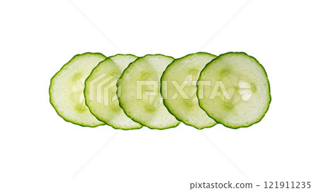 Cucumber cut isolated, cucumber round slices macro, green vegetable cuts for salad isolated, fresh pieces 121911235
