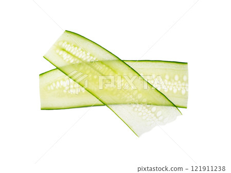 Cucumber cut isolated, cucumber slices macro, green vegetable cuts for salad isolated, healthy fresh pieces 121911238