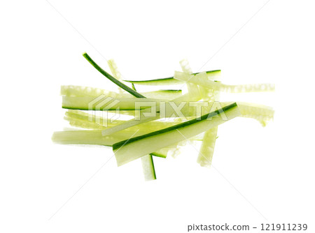 Cucumber cut isolated, cucumber slices macro, green vegetable cuts for salad isolated, healthy fresh pieces 121911239