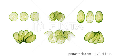 Cucumber cut isolated, cucumber round slices macro, green vegetable cuts for salad isolated, fresh pieces 121911240