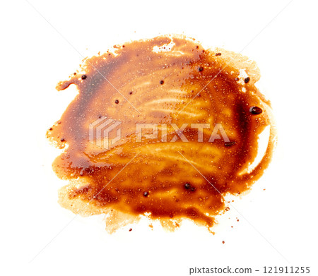 Spilled Soy Sause Leftovers Isolated, Teriyaki Drops on White Plate, Oyster Sauce Smear Texture 121911255