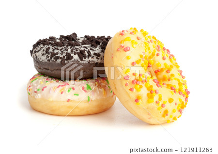 Doughnuts, Chocolate Brown and Pink Donut with Multicolored Sprinkles Doughnuts, Chocolate Brown and Pink Donut with Multicolored Sprinkles 121911263