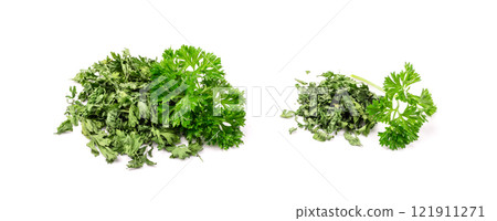 Dry parsley pile isolated. Crushed cilantro leaves heap, dried garden parsley, chervil flakes, corriender pileces 121911271