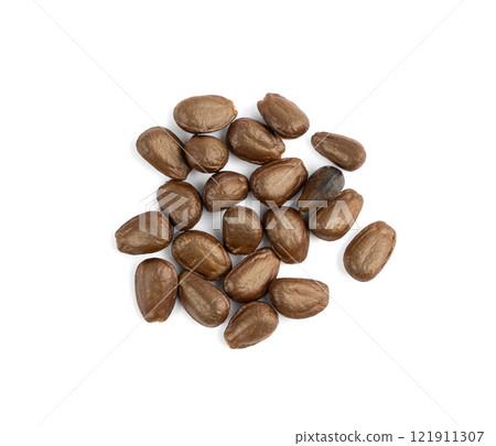 Cherimoya seeds isolated, Annona Cherimola pits, chirimoya stones or chirimuya fruit kernels on white 121911307