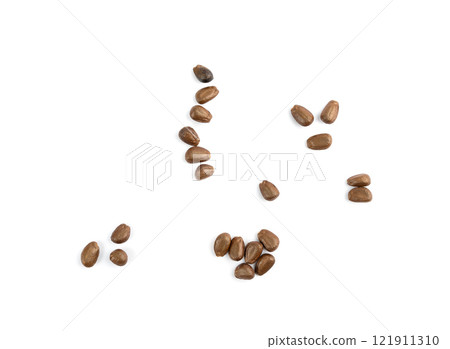 Cherimoya seeds isolated, Annona Cherimola pits, chirimoya stones or chirimuya fruit kernels on white 121911310