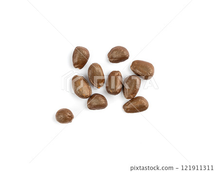 Cherimoya seeds isolated, Annona Cherimola pits, chirimoya stones or chirimuya fruit kernels on white 121911311