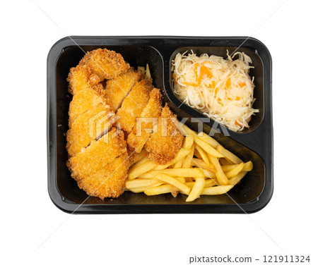 Breaded chicken with french fries take away isolated, schnitzel and cabbage salad Breaded chicken with french fries take away isolated, schnitzel and cabbage salad 121911324