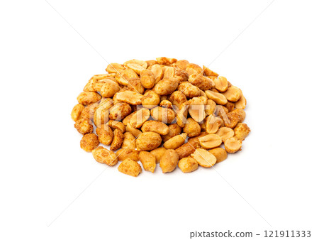 Spicy peanuts isolated, heeng jeera pea nuts mixture, Indian namkeen, roasted salty nut snack 121911333