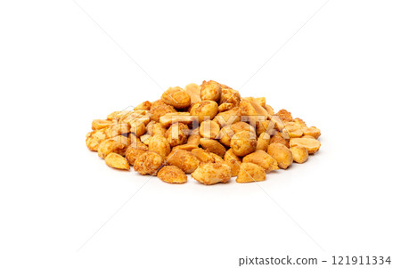 Spicy peanuts isolated, heeng jeera pea nuts mixture, Indian namkeen, roasted salty nut snack Spicy peanuts isolated, heeng jeera pea nuts mixture, Indian namkeen, roasted salty nut snack 121911334