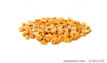 Spicy peanuts isolated, heeng jeera pea nuts mixture, Indian namkeen, roasted salty nut snack 121911335