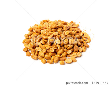 Spicy peanuts isolated, heeng jeera pea nuts mixture, Indian namkeen, roasted salty nut snack 121911337