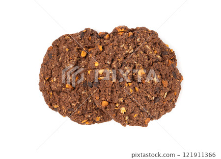 Chocolate oatmeal cookies, healthy cereal oat crackers with nuts, crispy homemade cookie with cocoa powder 121911366