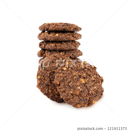 Chocolate oatmeal cookies, healthy cereal oat crackers with nuts, crispy homemade cookie with cocoa powder 121911373