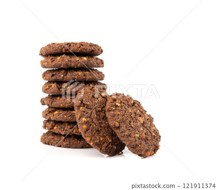 Chocolate oatmeal cookies, healthy cereal oat crackers with nuts, crispy homemade cookie with cocoa powder 121911374