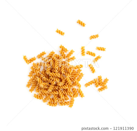 Raw Brown Pasta, Wholegrain Fusilli, Dry Whole Grain Noodle, Raw Spelt Macaroni, Healthy Italy Food 121911390