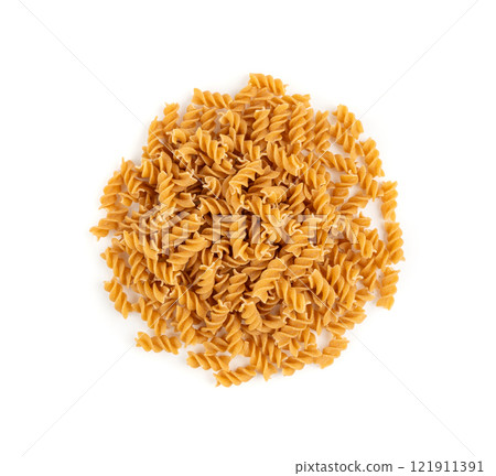 Raw Brown Pasta, Wholegrain Fusilli, Dry Whole Grain Noodle, Raw Spelt Macaroni, Healthy Italy Food 121911391