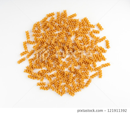Raw Brown Pasta, Wholegrain Fusilli, Dry Whole Grain Noodle, Raw Spelt Macaroni, Healthy Italy Food 121911392