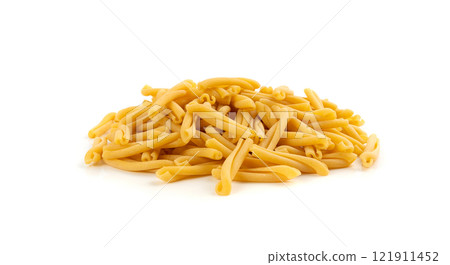 Casarecce pasta isolated, dry traditional macaroni, raw casarecce, wheat noodles, Italy cuisine ingredient 121911452
