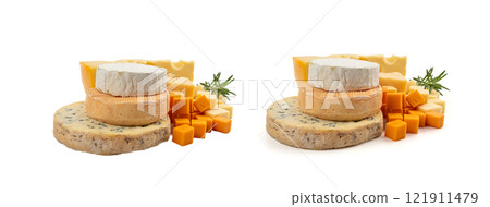 Cheese plate of color cheeses variety, yellow, white and blue cheese board, assorted dairy products Cheese plate of color cheeses variety, yellow, white and blue cheese board, assorted dairy products 121911479