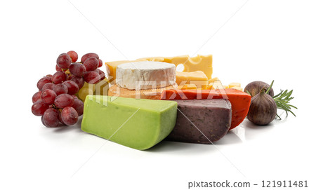 Cheese plate of color cheeses variety, yellow, white and blue cheese board, assorted dairy products Cheese plate of color cheeses variety, yellow, white and blue cheese board, assorted dairy products 121911481