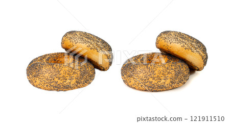 Poppy Seed Bagel Isolated, Round Bread Bun, Poppyseed Wheat Bakery for Breakfast 121911510