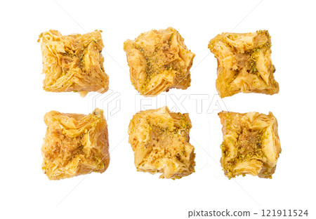 Baklava Isolated, Small Ramadan Dessert, Eastern Sweet Filo Pastries, Turkish Honey Baklawa, Oriental Desert 121911524