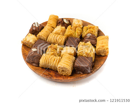 Baklava Isolated, Small Ramadan Dessert, Eastern Sweet Filo Pastries, Turkish Honey Baklawa, Oriental Desert Baklava Isolated, Small Ramadan Dessert, Eastern Sweet Filo Pastries, Turkish Honey Baklawa, Oriental Desert 121911530