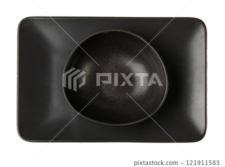 Empty Black Bowls and Plates on Wooden Table Background, Black Plate Mockup Top View Empty Black Bowls and Plates on Wooden Table Background, Black Plate Mockup Top View 121911583