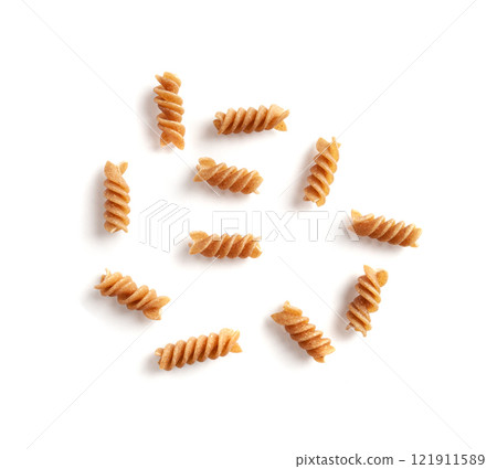 Raw Brown Pasta, Wholegrain Fusilli, Dry Whole Grain Noodle, Raw Spelt Macaroni, Healthy Italy Food 121911589