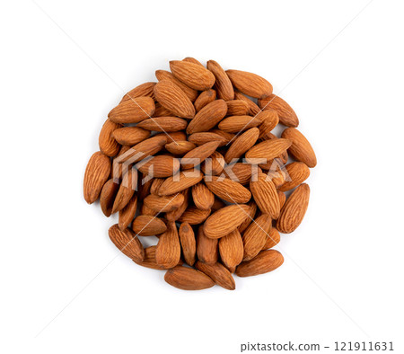 Almonds pile isolated, nut group, almond seeds, brown scattered fruit kernels on white background Almonds pile isolated, nut group, almond seeds, brown scattered fruit kernels on white background 121911631