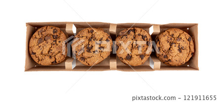 Chocolate chips cookies isolated, American biscuits, cocoa confectionery cake, sweet morsels bakery 121911655