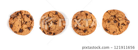 Chocolate chips cookies isolated, American biscuits, cocoa confectionery cake, sweet morsels bakery 121911656