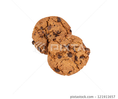 Chocolate chips cookies isolated, American biscuits, cocoa confectionery cake, sweet morsels bakery 121911657