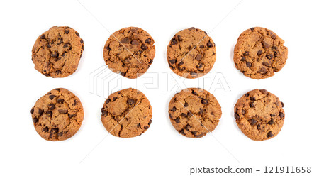 Chocolate chips cookies isolated, American biscuits, cocoa confectionery cake, sweet morsels bakery 121911658